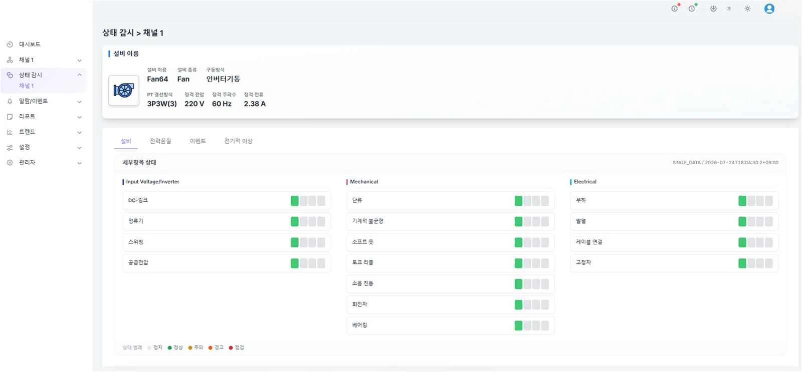 인버터 입력 전원, 기계, 전기 세 묶음으로 나뉜 설비별 진단 항목 상태를 색으로 보여 주는 웹 화면